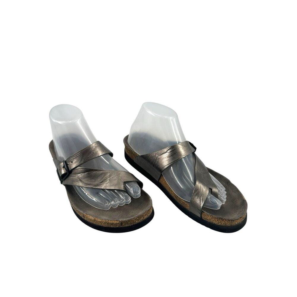 MEPHISTO HELEN WOMENS SZ 9. 5 /EU 40 PEWTER METALLIC LEATHER THONG SANDALS CORK